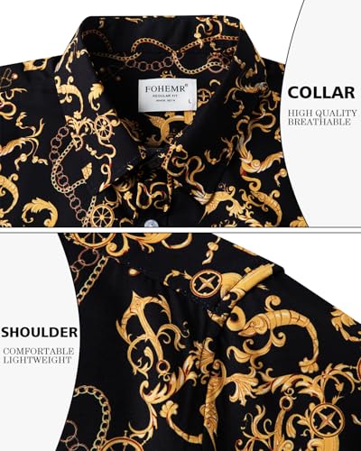 fohemr Mens Luxury Shirts Black Gold Chain Print Dress Shirt Baroque Short Sleeve Casual Button Down Design buchona Shirts 3X-Large