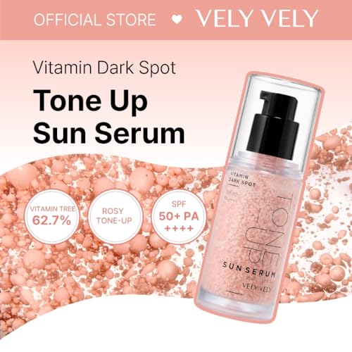 VELY VELY Vitamin Dark Spot Tone-Up Sun Serum, SPF 50+ PA++++ Broad Spectrum Facical Sunscreen Lightweight, Non-Sticky, No-Pilling Evens Out Skin Tone for Sensitive Skin 30ml/1.01 oz