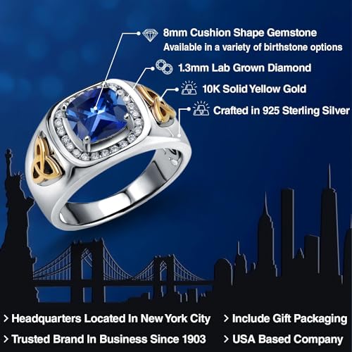 Gem Stone King Men's 925 Silver and 10K Yellow Gold Blue Created Sapphire and White Lab Grown Diamond Ring (2.76 Cttw) | Size 10