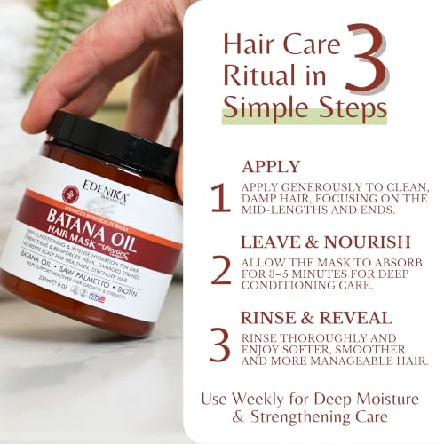 EDENIKA BOTANICALS Batana Hair Mask with Batana Oil for Hair Growth, Biotin, Saw Palmetto & UltraGro B5 Complex, Deep Conditioning Hair Treatment for Fuller, Thicker-Looking Hair, Sulfate-Free