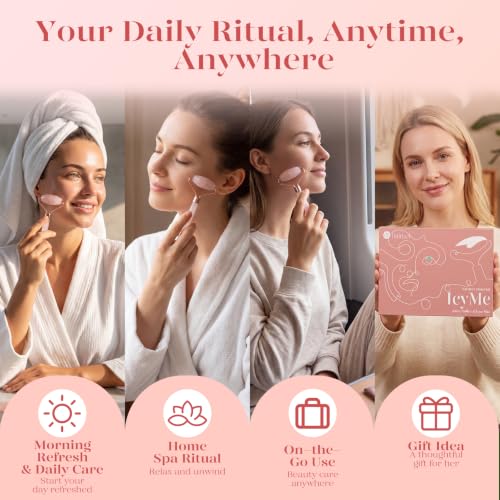 BAIMEI IcyMe Rose Quartz Roller & Gua Sha Facial Tool Set for Depuffing