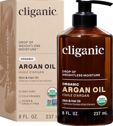 Cliganic Organic Argan Oil, 100% Pure - for Hair, Face & Skin | Cold Pressed Carrier Oil, 8 oz
