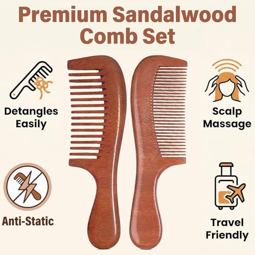 Morsafe 2 Pcs Sandalwood Hair Comb Set Wide and Fine Tooth Wooden Comb for Women Men, Anti-static Detangling Wood Comb for Curly Fine Frizzy Wet Dry Hair
