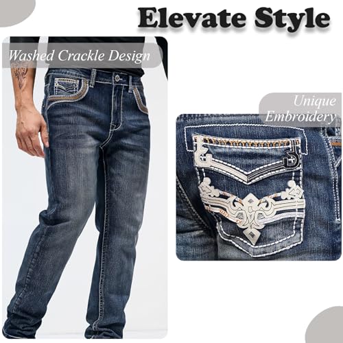 Men's Jeans - Embroidery Washed Crackle Design Jeans Relaxed Fit Stretch Casual Jeans Comfortable Classic Fit Jeans (US, Waist, 34, Regular, Blue)