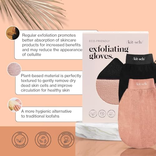 Kitsch Exfoliating Gloves 2pc – Korean Exfoliating Mitt & Deep Exfoliating Body Scrubber for Shower, Bath | Body Exfoliator, Dead Skin Remover | Skin Care for Smooth, Renewed Skin - Black & Terracotta