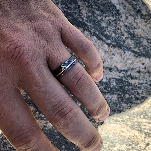 New 6mm Wide Damascus Steel Ring with 14k Solid Rose Gold Inlay