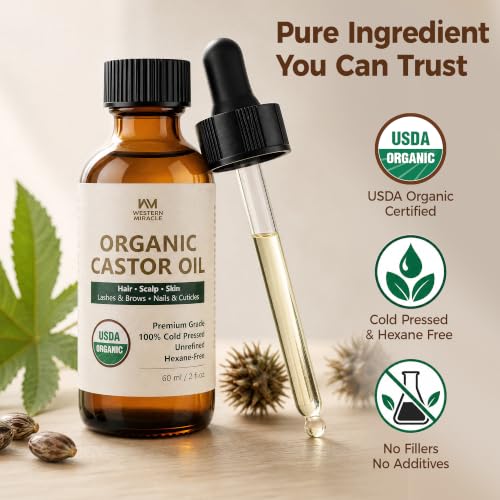 WM WESTERN MIRACLE Organic Cold Pressed Castor Oil with Lash & Scalp Care Kit, USDA Certified Pure Hexane Free Castor Oil for Brows, Lashes, Scalp & Nail Care, Amber Glass Bottle, 2 Fl Oz (Pack of 1)