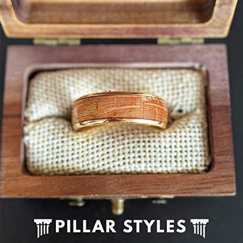 Pillar Styles 14K Gold Whiskey Barrel Wedding Bands, Rustic Elegance Bourbon Barrel Rings, Unisex Comfort Fit, 8mm Gold Tungsten & Wood Inlay for Him