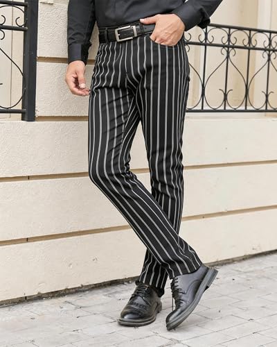 TENGINE Plaid Pants for Men, Mens Skinny Stretch Slim fit Chinos Golf Business Dress Casual Pants BlackStripe-34