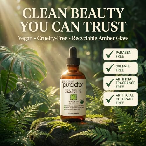 PURA D'OR ORGANIC Vitamin E Oil 70,000 IU Blend for Body Face Care, 4 fl oz