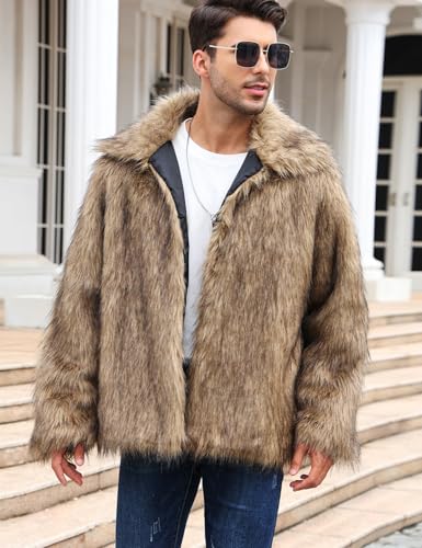 Arssm Mens Faux Fur Coats Winter Furry Fur Jacket Warm Fluffy Shaggy Jackets(Brown-L)