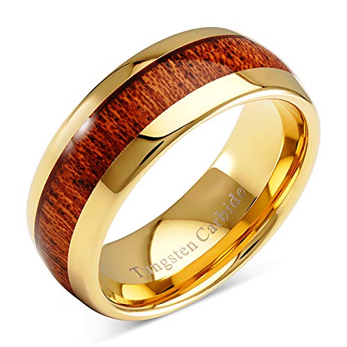 100S JEWELRY Engraved Personalized Tungsten Ring for Men Women Wedding Band Koa Wood Inlaid Gold Plated Size 6-16 (Tungsten, 10)