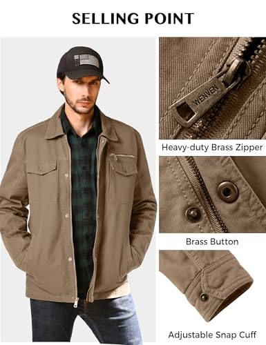 WenVen Men's Flat Collar Casual Cotton Outfit Jacket (Khaki, M)