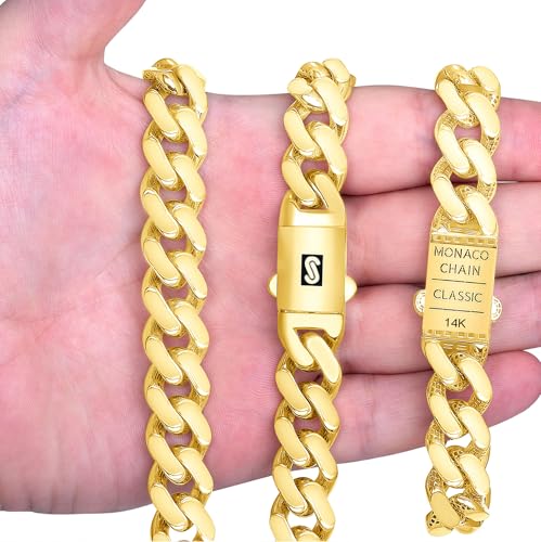 Nuragold 14k Real Yellow Gold Monaco 15mm Miami Cuban Chain Mens Bracelet - 8"