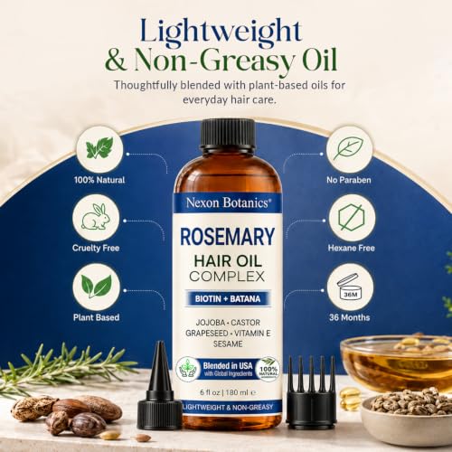 Rosemary Hair Oil 6 Fl Oz - Scalp Blend with Biotin, Batana & Castor Oil