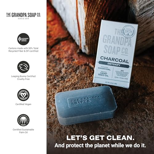 The Grandpa Soap Company Charcoal Bar Soap - With Activated Charcoal Hemp Seed and Mint Oil, Detoxifies, Draws Out Dirt and Toxins, Clear Congested Pores, Vegan, 4.25 Oz, 3 Pack
