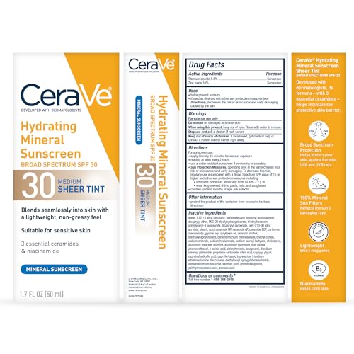 CeraVe Tinted Sunscreen for Face, Mineral SPF 30 Moisturizer, Medium, 1.7oz