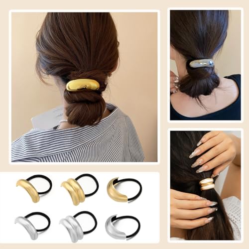 KuuGuu 6 PCS Metal Hair Ties Geometric Elastic Hair Ties Fashion Anti-Slip Glossy Arch Ponytail Hair Band Elegant Hair Cuff Wrap Hair Ties for Thick Hair for Women Hair Accessories （Gold, Silver）