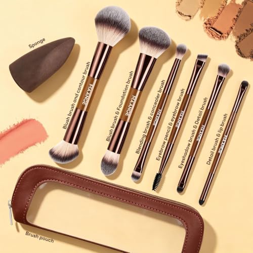 MAANGE 6Pcs Double Ended Makeup Brush Set with Makeup Sponge & Travel Bag