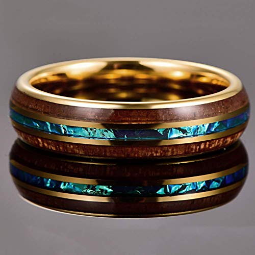 Vakki Rings for Men Women 6mm Gold Tungsten Wedding Bands Hawaiian Koa Wood and Blue Inlay 12