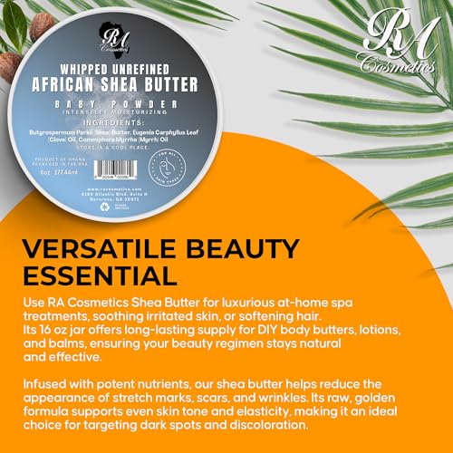 RA Cosmetics Whipped Shea Butter Baby Powder - 6oz | 100% Pure & Natural African Shea Butter for Men & Women - Ultimate Handcrafted Moisturizer with Essential Vitamins for Radiant Skin & Luscious Hair