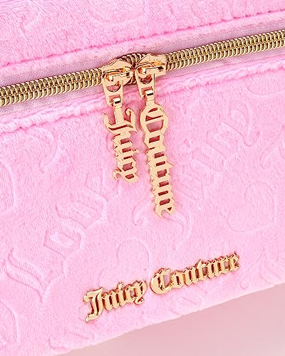 Juicy Couture Pink Makeup Bag Cosmetics Organizer Travel Essentials Train Case Velour Heart Logo