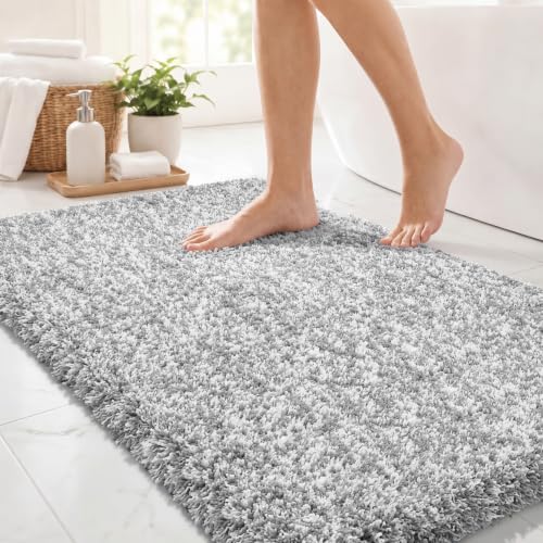 Yimobra Bathroom Rugs Non Slip Washable 36X24, Ultra Soft and Water Absorbent Bath Mats, Plush Fluffy Shower Mat Outside, Luxury Microfiber Thick Matts for Bathroom Floor/Tub, Light Gray and White