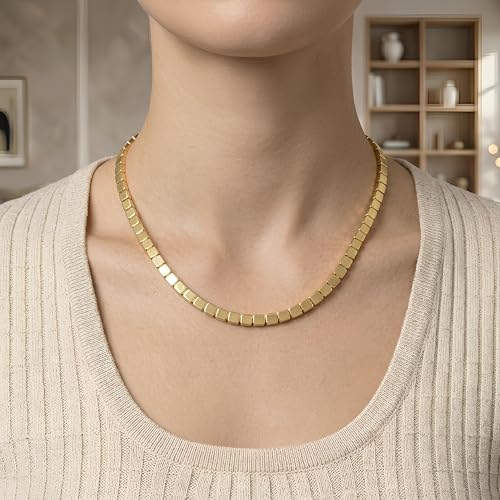 Floreo 14k Yellow Gold 6mm Brick Cube Link Chain Necklace, Extendable 16 to 18 Inch