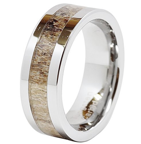 100S JEWELRY Tungsten Rings For Men Wedding Band Deer Antler Inlaid Hammer Flat Band Size 8-16 (12)