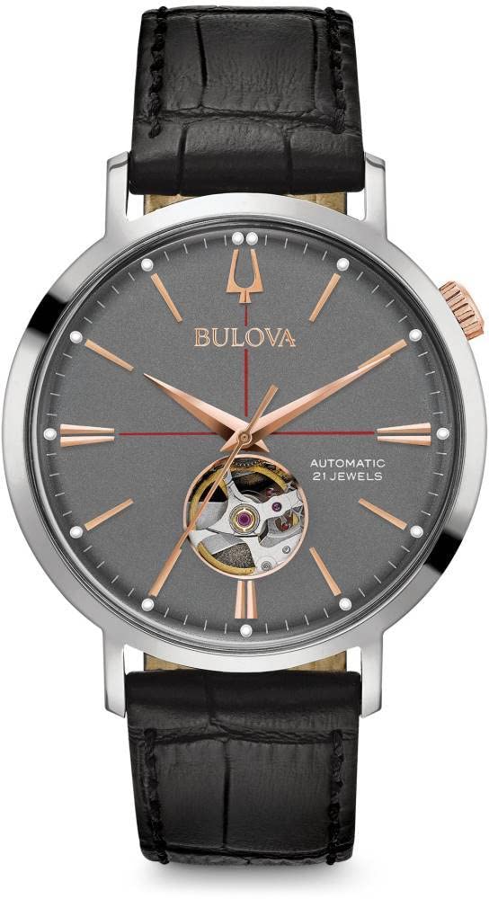 Bulova Men's Classic Aerojet 3-Hand Automatic Leather Strap Watch, Open Aperture, 40-Hour Power Reserve, Double Curved Mineral Crystal, 41mm Style: 98A187