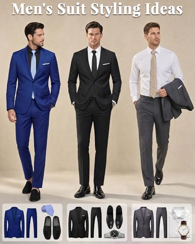MY'S Men's 2 Piece Suit with Tie, One Button Slim Fit Solid Jacket and Pants Set, Suits for Men Party Prom Wedding & Business, Black