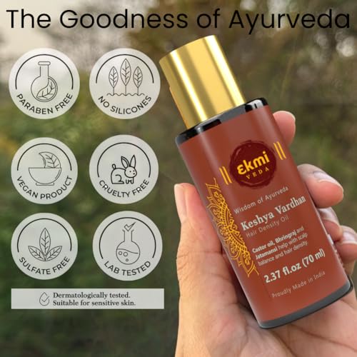 EKMIVEDA Ayurvedic Castor & Rosemary Oil For Hair Density With Bhringraj, Coconut, Amla, Argan, Brahmi. DHT Blocker. Hair Loss Treatment For Women & Men, 2.37 Fl Oz