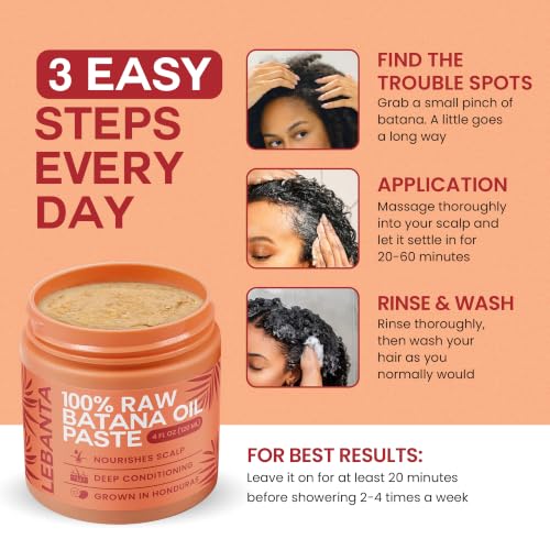 Lebanta Raw Batana Oil for Hair - 100% Pure, Organic 4oz Batana from Honduras for Fuller, Thicker-Looking Hair - Unrefined Cold Pressed Cosmetic Scalp Oil & Hair Mask, Gift for Women (1 Pack)