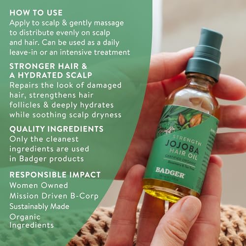Badger Organic Jojoba Hair Oil & Dry Scalp Treatment, Soothing & Moisturizing Itchy Dry Scalp Oil, Rosemary Hair Oil, Organic Jojoba Oil Hair & Scalp Moisturizer, 2 fl oz Glass Bottle