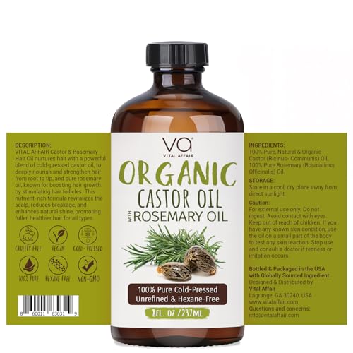 Organic Castor Oil with Rosemary Oil 8oz Glass Bottle For Hair Growth