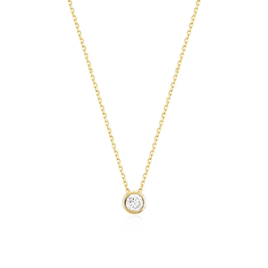 14k Solid Gold Solitaire Necklace | 14k Yellow Gold Floating Stone Necklaces for Women | Round Pendant Necklace | Delicate Solitaire Jewelry | Gifts for Christmas, 18"