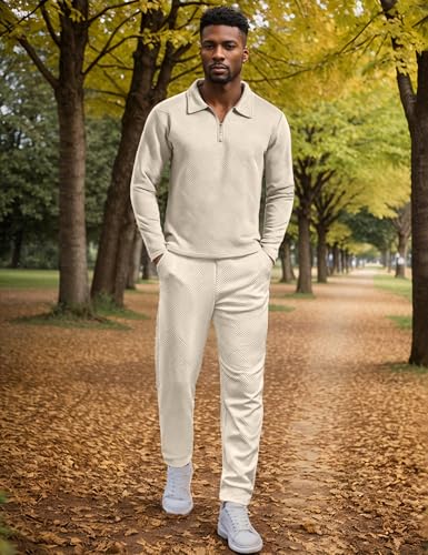 UOUA Mens 2 Piece Set Casual Outfits Polo Long Sleeve Shirt & Pants Track Suit Loungewear Athletic Sweatsuit Beige L