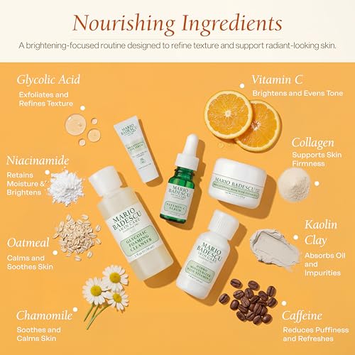 Mario Badescu Good Skin Is Forever & Bright 5-Piece Skincare Set – Glycolic Cleanser, Vitamin C Serum, Hydro Moisturizer, Brightening Mask & Eye Serum for Radiance