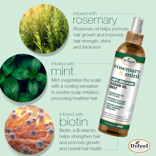 Difeel Rosemary and Mint Anti-Breakage Serum Oil Mist 8 oz. - Hair Strengthening Serum Mist, Reduces Split Ends, Reduces Breakage and Frizz