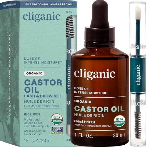 Cliganic Organic Castor Oil, 100% Pure (1oz Glass Bottle with Eyelash Kit) - For Eyelashes, Eyebrows, Hair & Skin