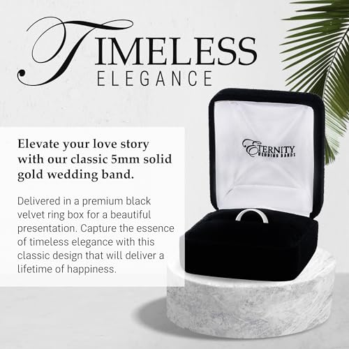 EWB Signature Jewelry Classic 5mm Solid Gold Wedding Band in 10K White Gold, Comfort Fit, Finger Size 9