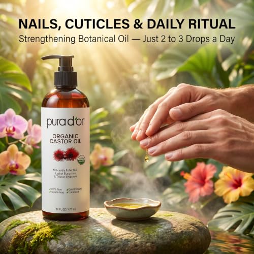 PURA D'OR ORGANIC Castor Oil (16 Oz) Pure Cold-Pressed Hexane-Free USDA Certified