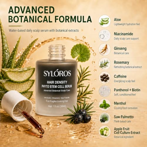SYLOROS Hair Density Serum, Phyto Stem Cell Scalp Care with Rosemary, Biotin, Caffeine & Saw Palmetto, Leave-In Formula for Fuller-Looking Fine Hair, Lightweight Non-Greasy, 1 Fl Oz
