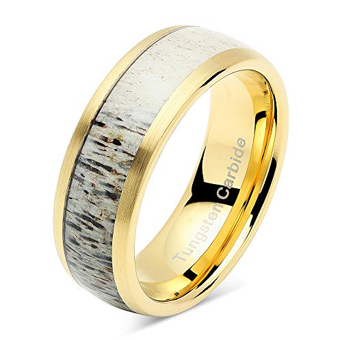 100S JEWELRY Tungsten Rings for Men Gold Wedding Band Antler Inlaid Dome Edge Matte Finish Size 8-16 (13.5)