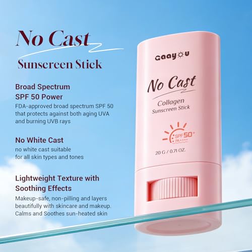 No Cast Sunscreen Stick SPF PA50++++ Collagen Sunscreen Korean Sunscreen Stick Soothing Moisture Matte Sun Stick for Face & Body Non Sticky, No White Cast