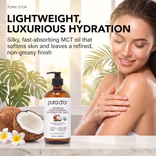 PURA D'OR ORGANIC Fractionated Coconut Oil MCT Oil (16.9 Oz GLASS BOTTLE) 100% Pure & Natural