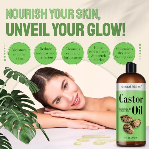 Natural Riches Castor Oil Cold pressed for Dry Skin Hair Loss Dandruff Thicker Hair - Moisturizes heals Scalp Skin Hair growth Thicker Eyelashes & Eyebrows