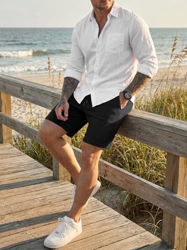 JMIERR Mens Casual Shorts Drawstring Summer Beach Stretch Waist Texture Jacquard Work Black Sweat Shorts with Pockets, L