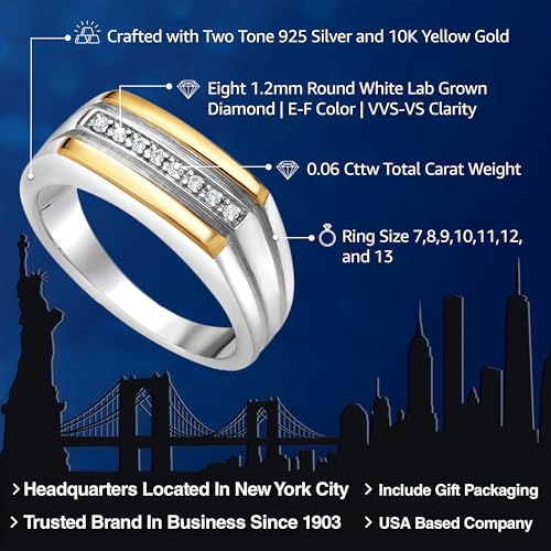 Gem Stone King White Lab Grown Diamond Ring For Men | 925 Sterling Silver and 10K Yellow Gold | DEF Color | VVS-VS Clarity | 8MM Width | Size 8