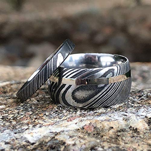 Matching Damascus Rings with 14k White Gold Inlay and Woodgrain Finish